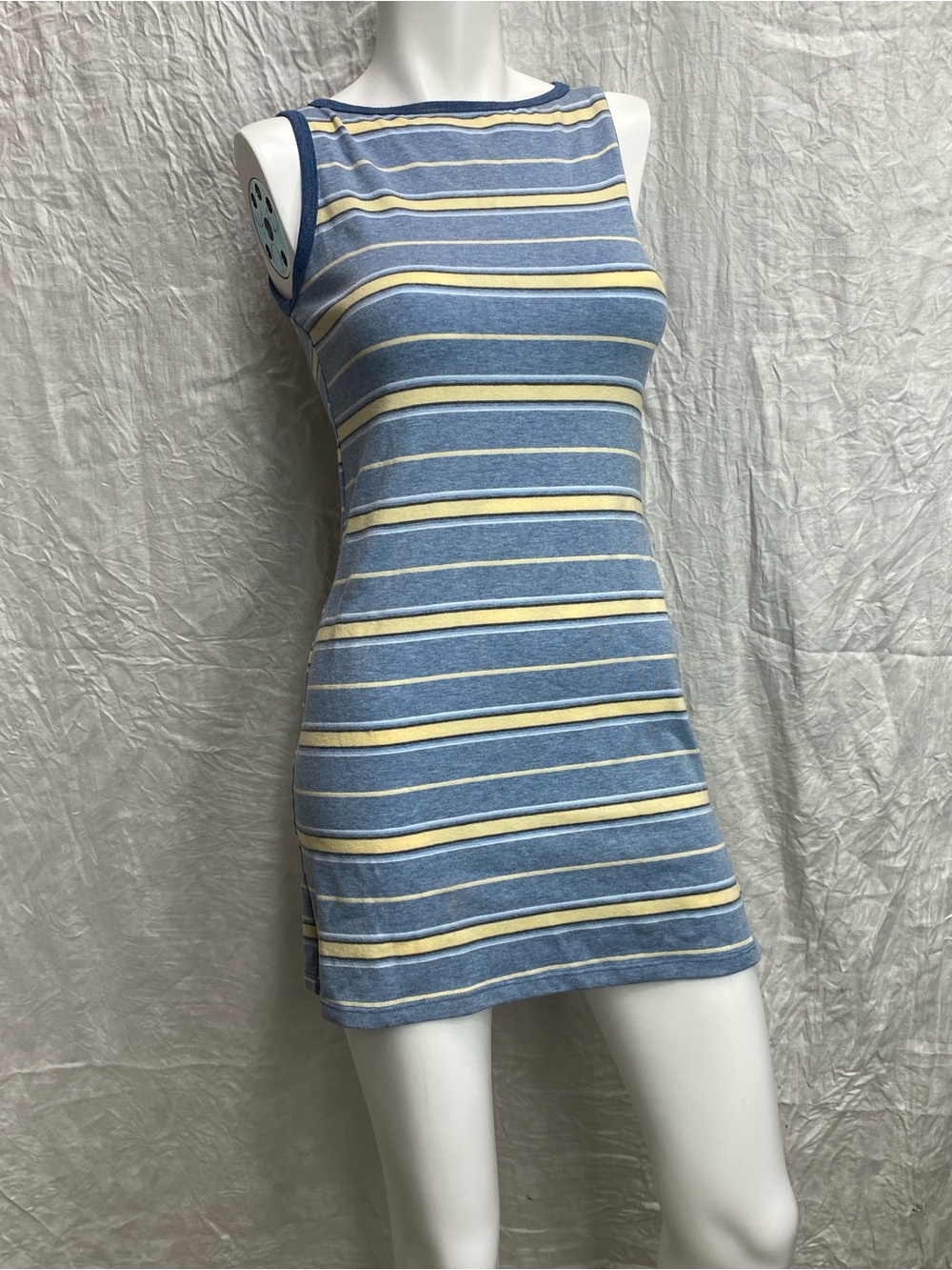 Vintage Eye Candy Striped Sleeveless Knit Tank Dress - Blue & Yellow